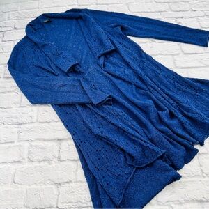 Eileen Fisher Deep Blue Open-Front Cardigan Large 100% Merino Wool Duster